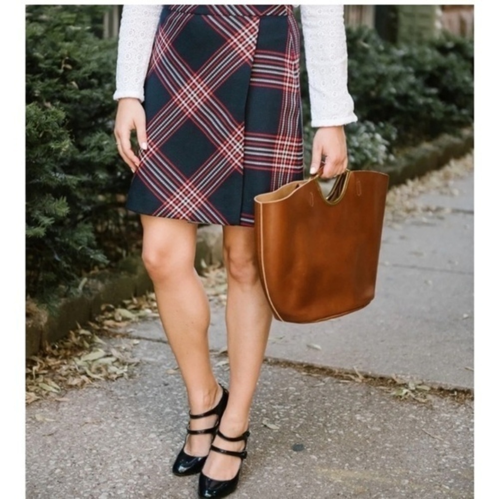 Halogen wrap look skirt navy plaid 14